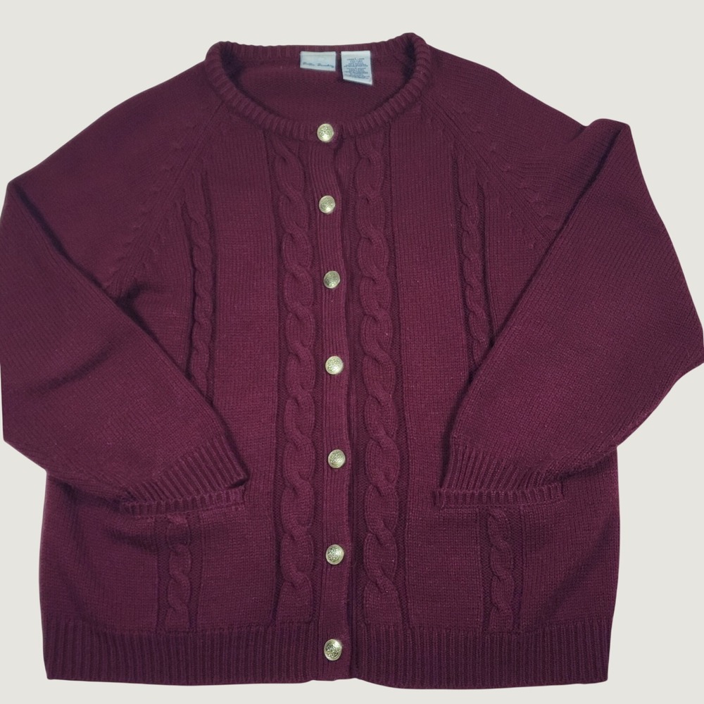 Vintage Cable Knit Cardigan Sweater Womens Large Burgundy Metal Button Cottage